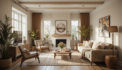 Fototapeta premium Sunlight filters through large windows, illuminating a stylish living room filled with plants and comfortable furniture. A welcoming atmosphere invites moments of joy and comfort