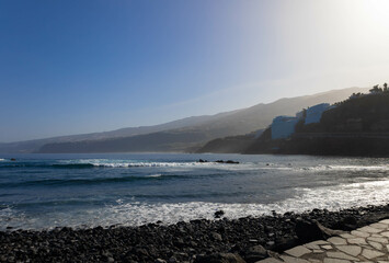 View of the coastline of Puerto de la Cruz from Playa de Martiánez, Tenerife North.