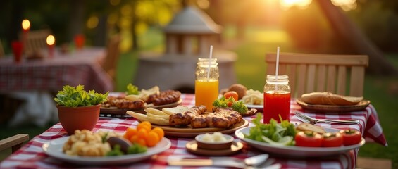 Fototapeta premium A picnic setting with food and drinks on a table