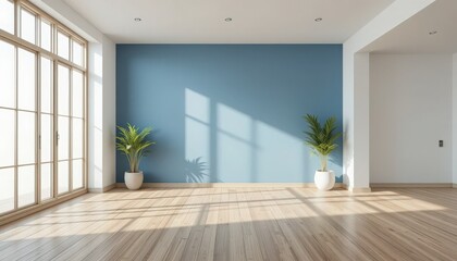 Fototapeta premium A spacious room filled with sunlight, showcasing a serene blue wall and two vibrant green plants. The wooden floor adds warmth, creating a cozy atmosphere perfect for relaxation