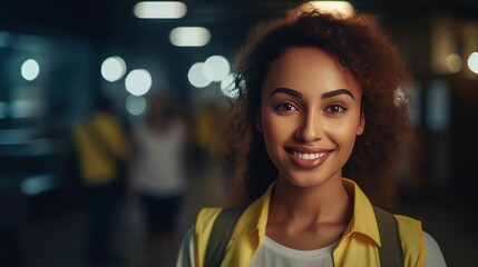 Obraz premium Smiling Woman in City Lights: A radiant young woman with a warm smile and vibrant energy, illuminated by the soft glow of city lights.