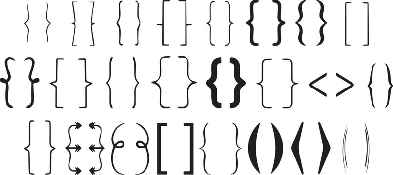 Bracket, braces, parenthes vector set, Diverse curly bracket styles for design, coding, and typography. Ideal symbol for software, graphic design, and programming visuals, eps File.