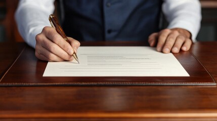 A polished leather desk pad with a completed legal form, crisp and professional in appearance, representing the successful conclusion of a legal transaction