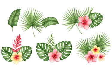Hand-Painted Watercolor Tropical Leaves and Exotic Flowers PNG Set – Vibrant Designs with Transparent Backgrounds