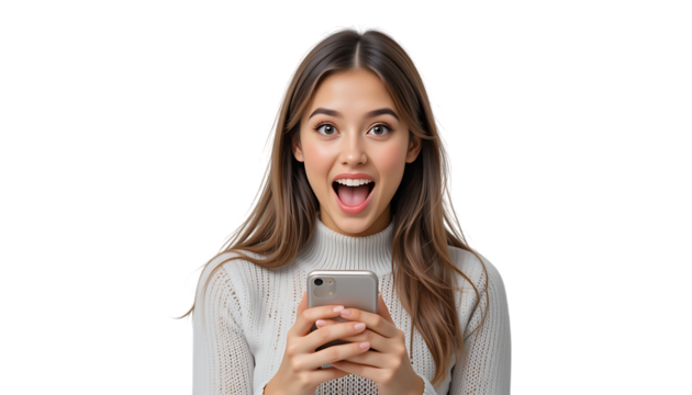Portrait of shocked but happy modern beautiful girl with wow face, holding phone in hands, surprised with commercial offer on transparent backgraound - Powered by Adobe