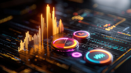 sleek design showing global financial trends with holographic elements, featuring vibrant graphs and charts that represent data analysis and market insights