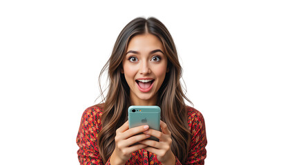 Portrait of shocked but happy modern beautiful girl with wow face, holding phone in hands, surprised with commercial offer on transparent backgraound