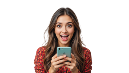 Portrait of shocked but happy modern beautiful girl with wow face, holding phone in hands, surprised with commercial offer on transparent backgraound