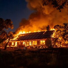 Obraz premium Night fire engulfing rural home, wildfire destruction