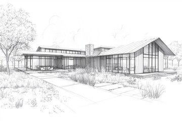 Fototapeta premium A detailed architectural sketch of a modern Modern Farmhouse style house featuring large glass windows, a stone chimney, and a combination of flat and sloped roofs. 