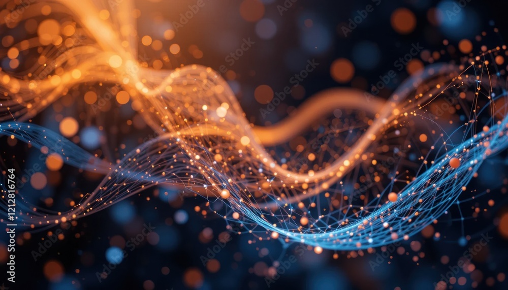 Poster abstract network with glowing particles and lines on a dark background for technology concepts