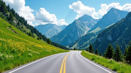 Scenic Winding Asphalt Road Through Lush Green Alpine Meadows and Majestic Mountains Under a Bright Sunny Sky