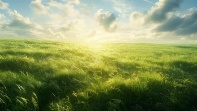 Lush green meadow under dynamic cloud movement during sunset
