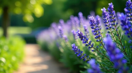 Obraz premium Serene Lavender Field Path, Sunlight Illuminating Delicate Purple Blossoms, Peaceful Garden Scene