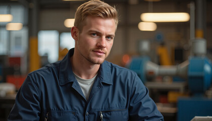 Fototapeta premium Male factory worker in uniform looking confident in workshop