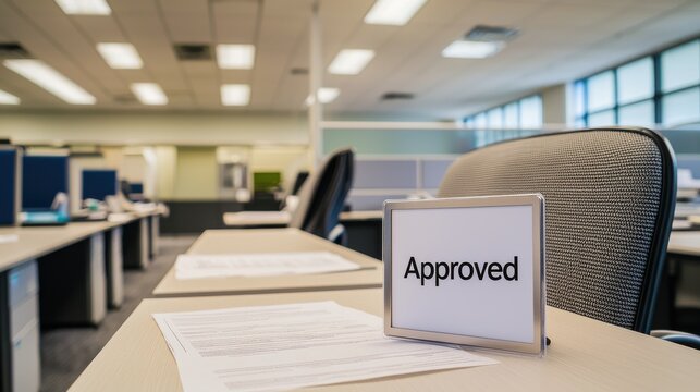 A pristine desk with official papers neatly arranged, a stamped "Approved" document in focus, emphasizing the clarity and professionalism of the approval process