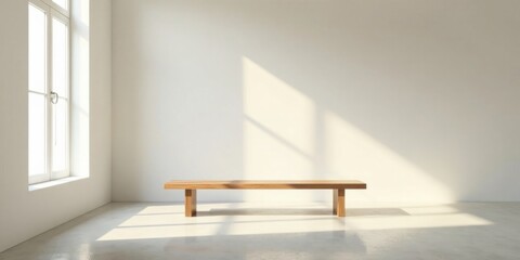 Fototapeta premium Minimalist interior design featuring a simple wooden bench bathed in sunlight streaming through a window in a bright, white room