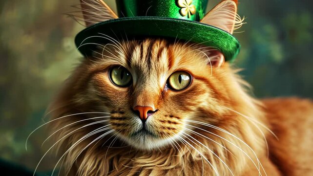 A fluffy ginger cat wears a shiny green hat adorned with a shamrock