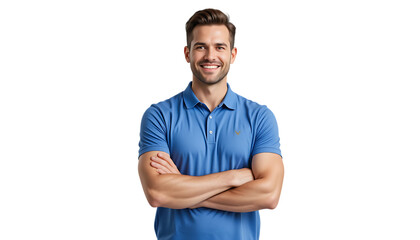 Smiling handsome man in polo shirt standing with crossed arms on transparent backgraound