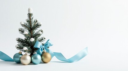 A miniature evergreen tree adorned with faux snow, a delicate light blue satin ribbon, and elegant pastel ornaments, creating a serene winter scene.
