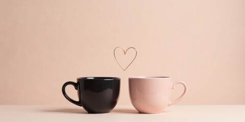 A tender moment captured Two mugs, one dark, one light, sit side-by-side, a delicate heart shape floating between them, symbolizing connection and affection.