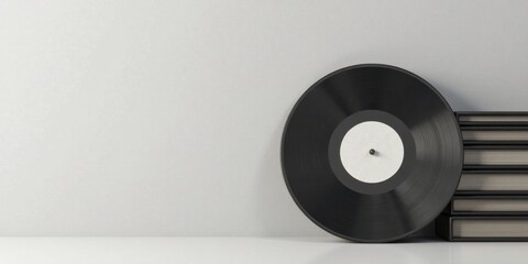 Obraz premium A vinyl record and a stack of books rest against a minimalist backdrop