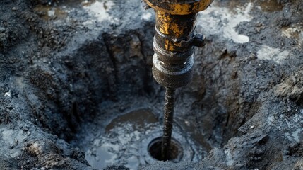 Heavy Construction Equipment Drilling Deep Hole into Muddy Ground on Construction Site