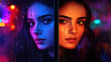 Woman, rain, window, city lights, night, portrait, dual, moody, artwork, graphic