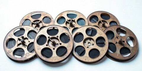 Fototapeta premium A Collection of Vintage Film Reels Aged Metal Spools with Dark Film, Reminiscent of Classic Cinema and Storytelling