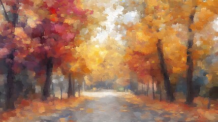 Fototapeta premium Autumnal Path Through a Forest of Vibrant Red, Orange, and Yellow Leaves Bathed in Warm Sunlight