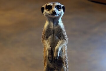Fototapeta premium Adorable meerkat standing upright, gazing directly at the camera with a curious expression. Perfect for wildlife, animal behavior, or nature-themed projects.