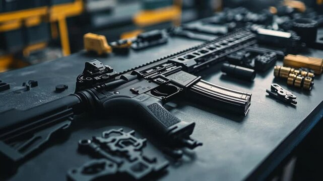 Modern sporting rifle is being assembled or modified on a workbench in a factory or workshop, surrounded by various parts and accessories