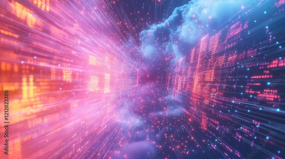 Poster abstract data stream visualization with glowing particles and a digital tunnel effect