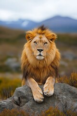 A magnificent lion rests regally on a rock, emphasizing the beauty of wildlife and nature.