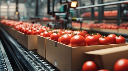 Factory tomato transporting machine moving cardboard boxes at manufacture. Horticultural industrial warehouse loader operating fresh red vegetables packs shipment delivery. Storage automation concept