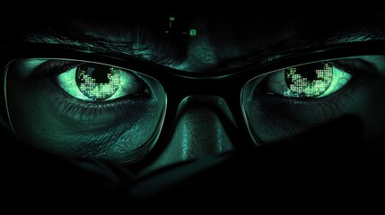 vision, hacking and technology concept - close up of hacker eyes in glasses looking at computer screen in darkness