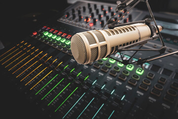Professional microphone and sound mixer in radio station studio
