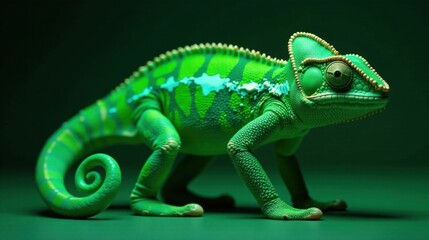 Obraz premium A Vibrant Green Chameleon Poses Elegantly Against a Matching Background, Showcasing Its Intricate Scales and Striking Features