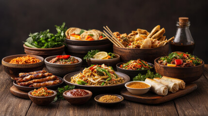 Fototapeta premium vibrant assortment of Southeast Asian cuisine featuring noodles, spring rolls, grilled meats, and fresh herbs, beautifully arranged in rustic bowls
