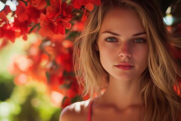 Naklejka premium A serene portrait of a young woman amidst vibrant flowers, symbolizing beauty and nature's embrace.