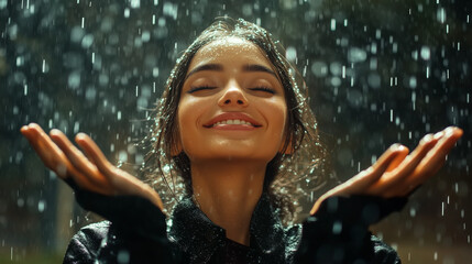 Fototapeta premium A beautiful women smiling in the rain