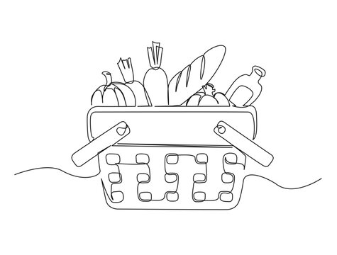 Continuous one line drawing of food grocery basket. Vegetables, fruits and bread in the shopping basket  draw in single line draw illustration. Editable stroke.
