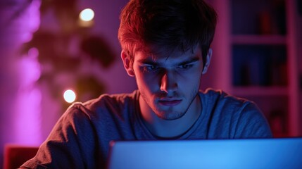 Programmer coding. Young man freelancer working on program code with laptop. Geek coding software concept
