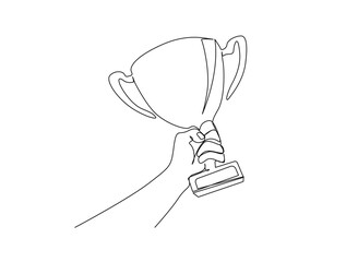 Continuous one line drawing of hand holds trophy cup competition. Champion trophy cup in single line draw illustration. Editable stroke.