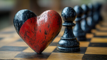 A red-and-black chess piece designed in the shape of heart