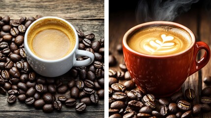Espresso and Latte Art Coffee Cups Surrounded by Roasted Beans