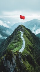 Naklejka premium A narrow path spirals upward, flanked by lush greenery, guiding adventurers to a striking red flag that marks the summit of a steep mountain