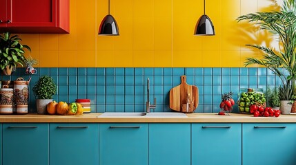 Charming Kitchen with Bright Blue and Yellow Walls Showcasing Modern Design and Inviting Atmosphere