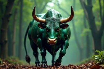 A bronze bull statue in a forest