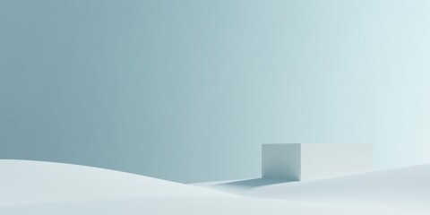 Fototapeta premium Serene Minimalist Scene White Cube on Undulating Surface Against a Light Blue Background